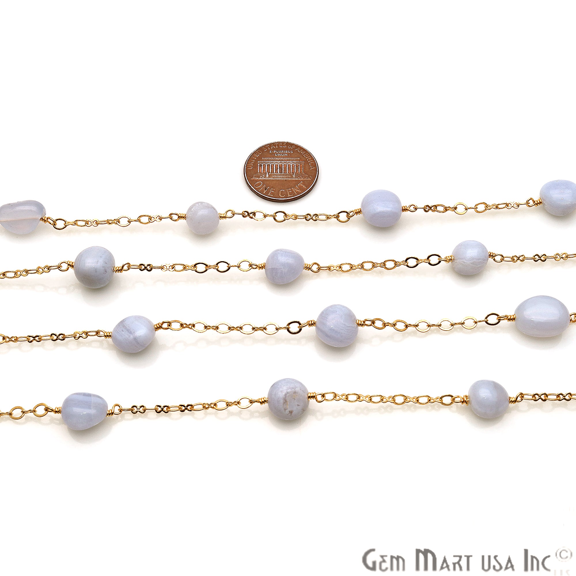 Blue Lace Agate Tumble Beads Gold Plated Rosary Chain