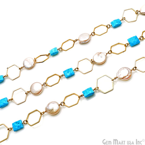 Turquoise & Pearl With Gold Hexagon Finding Rosary Chain