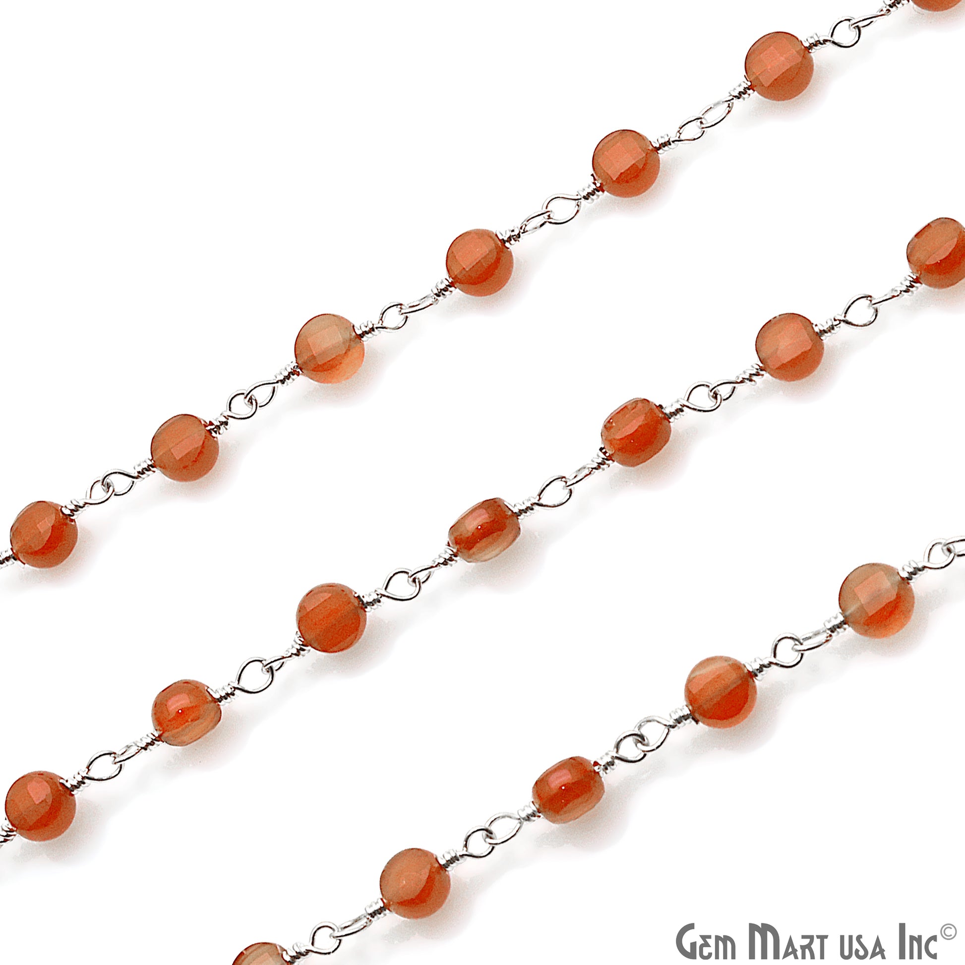 Carnelian Faceted 3-4mm Silver Wire Wrapped Rosary Chain - GemMartUSA