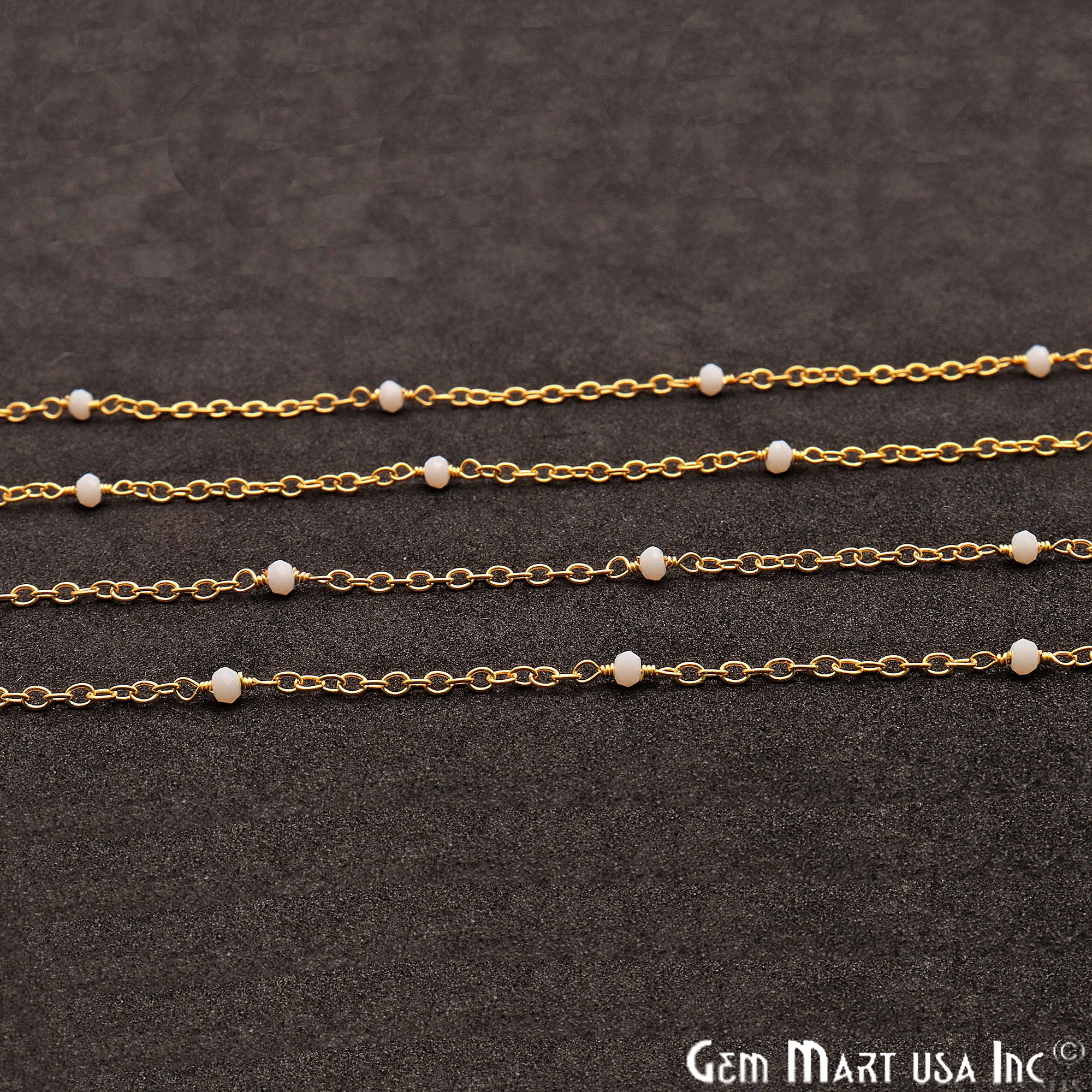 White Agate Round 2mm Gold Wire Wrapped Beads Rosary Chain - GemMartUSA
