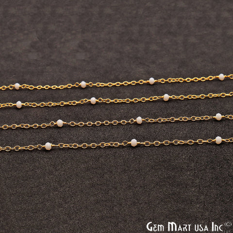 White Agate Round 2mm Gold Wire Wrapped Beads Rosary Chain - GemMartUSA