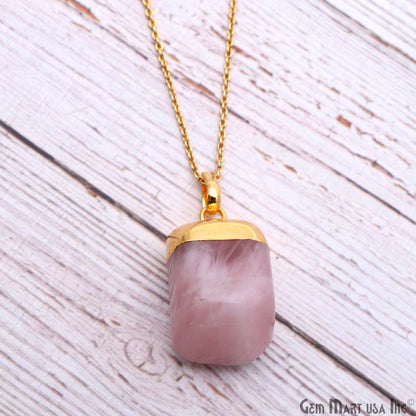 Rose Quartz Tumble 30x18mm Free Form Shape Gold Plated Pendant