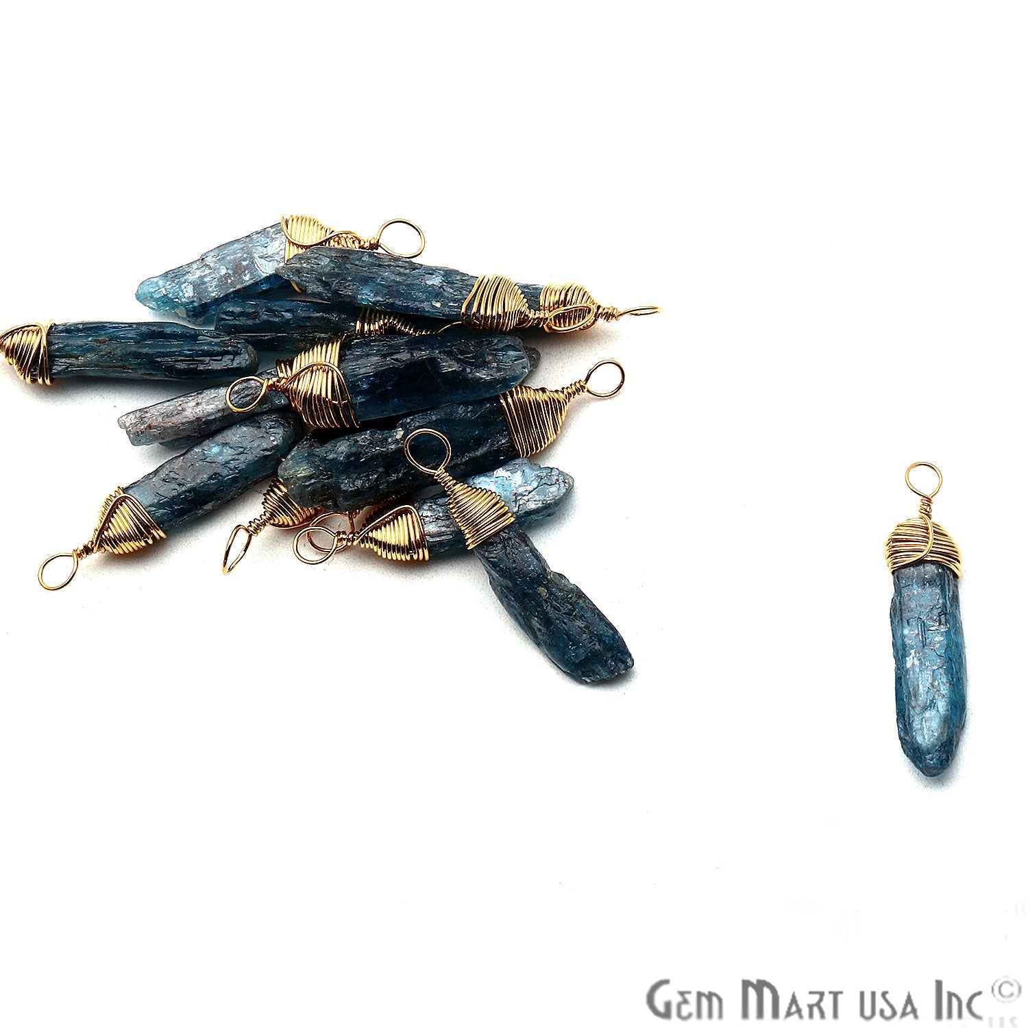 Blue Kyanite Gold Wire Wrapped 27x6mm Jewelry Making Rough Shape Connector - GemMartUSA