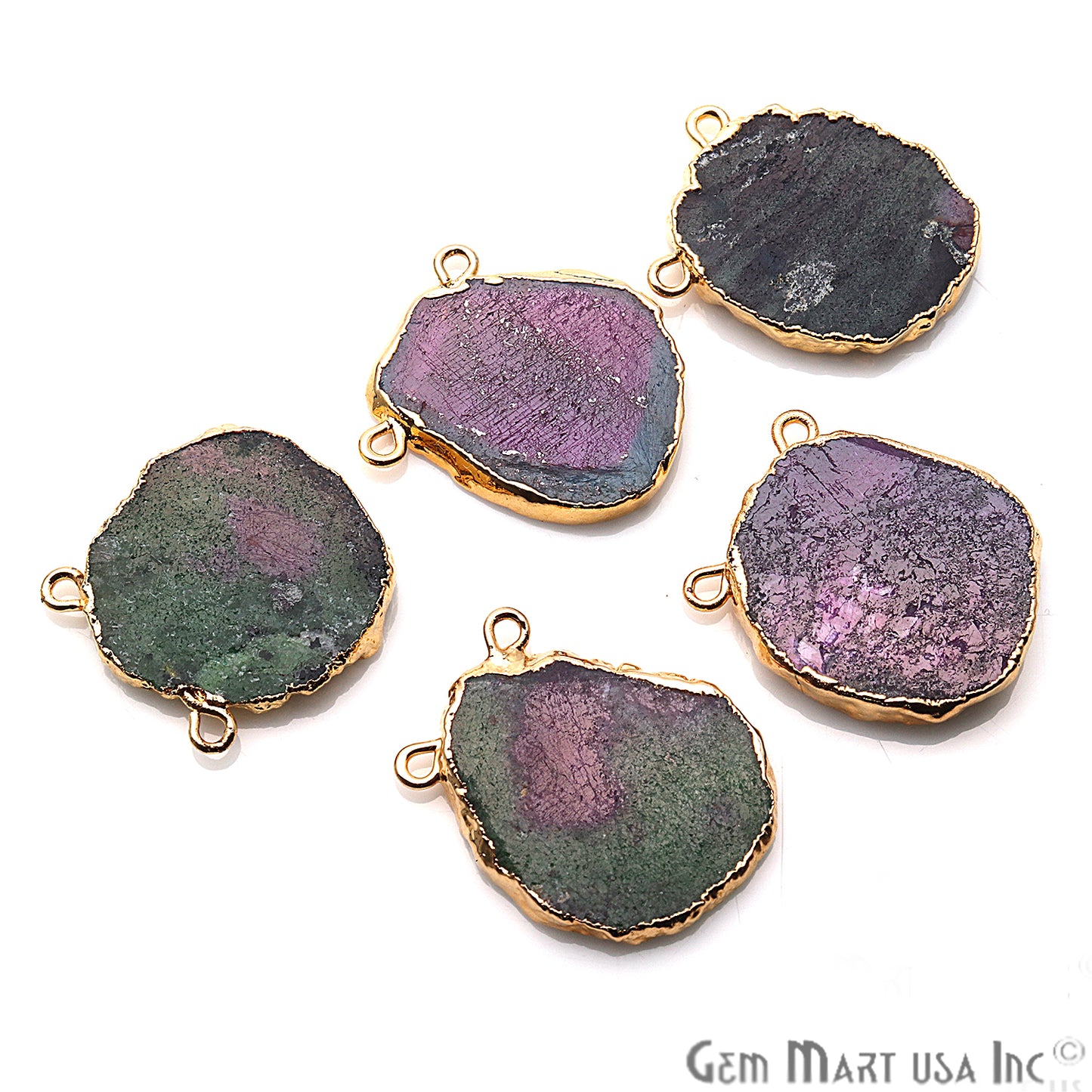 Rough Ruby Zoisite Gemstone 23x17mm Gold Edge Cat Bail Connector Charm - GemMartUSA