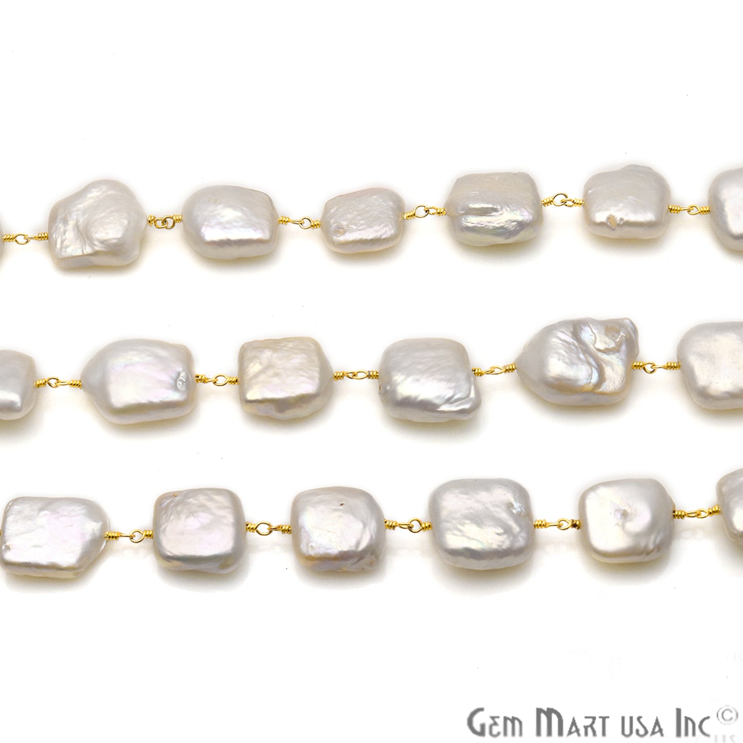 Natural Pearl Free Form 12-15mm Gold Plated Wire Wrapped Rosary Chain - GemMartUSA