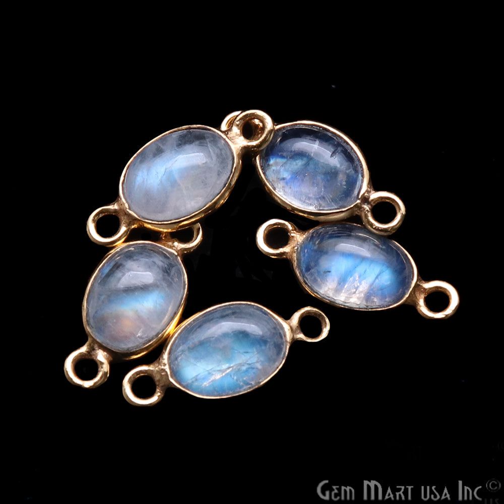 Rainbow Moonstone Cabochon 6x8mm Oval Gold Plated Double Bail Gemstone Connector - GemMartUSA
