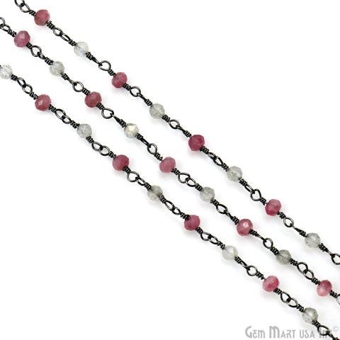 Pink Tourmaline & Labradorite Faceted Beads 2.5-3mm Oxidized Gemstone Rosary Chain