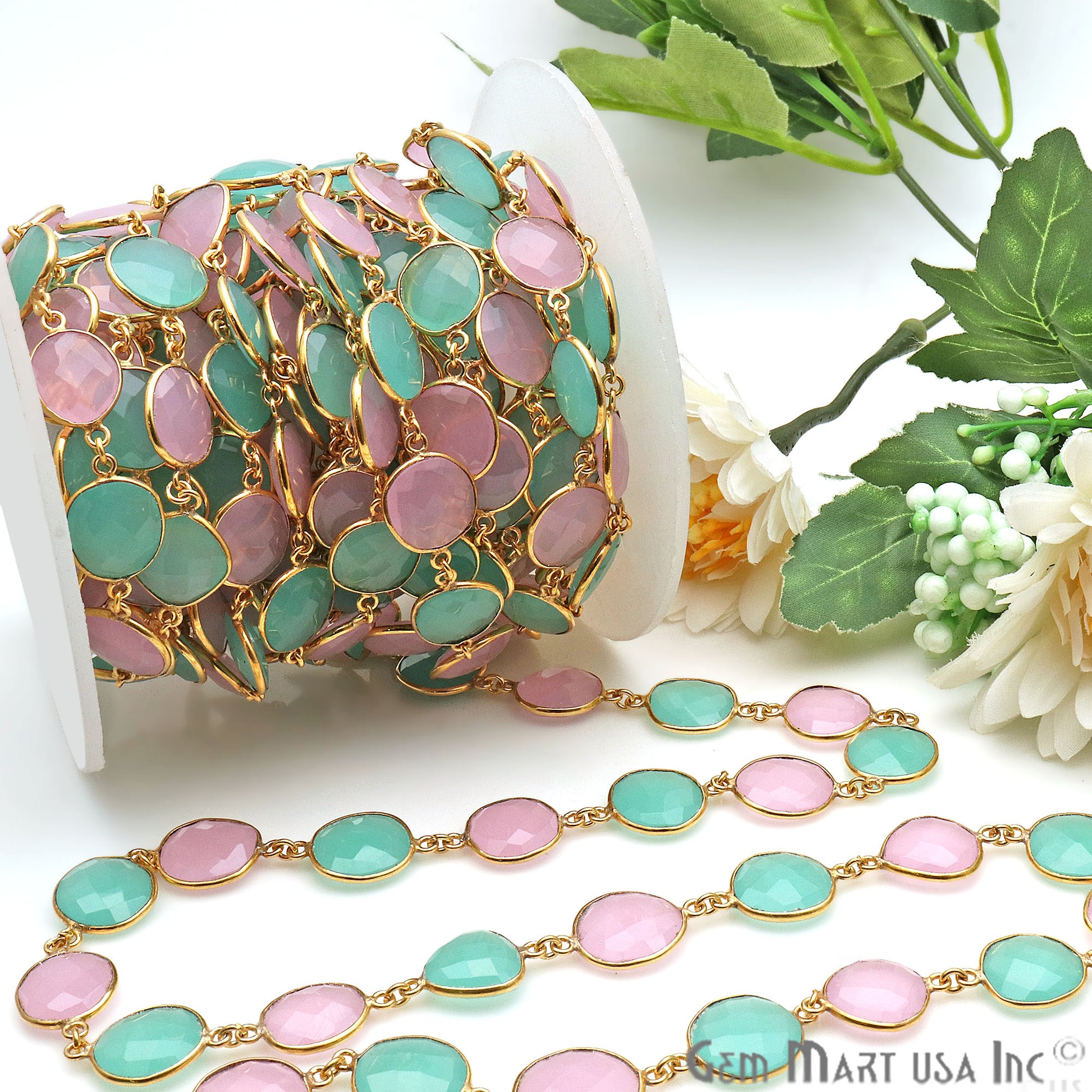 Rose With Aqua Chalcedony 10-15mm Free Form Gold Continuous Connector Chain - GemMartUSA