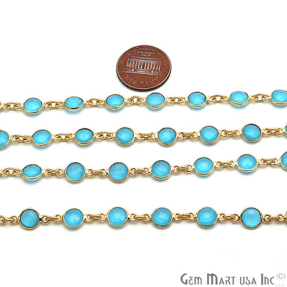 Sky Blue Chalcedony 5mm Bezel Link Gold Plated Continuous Connector Chain - GemMartUSA