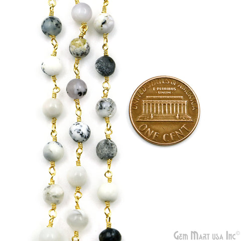 Dendrite Opal Smooth Beads 5-6mm Gold Plated Gemstone Rosary Chain