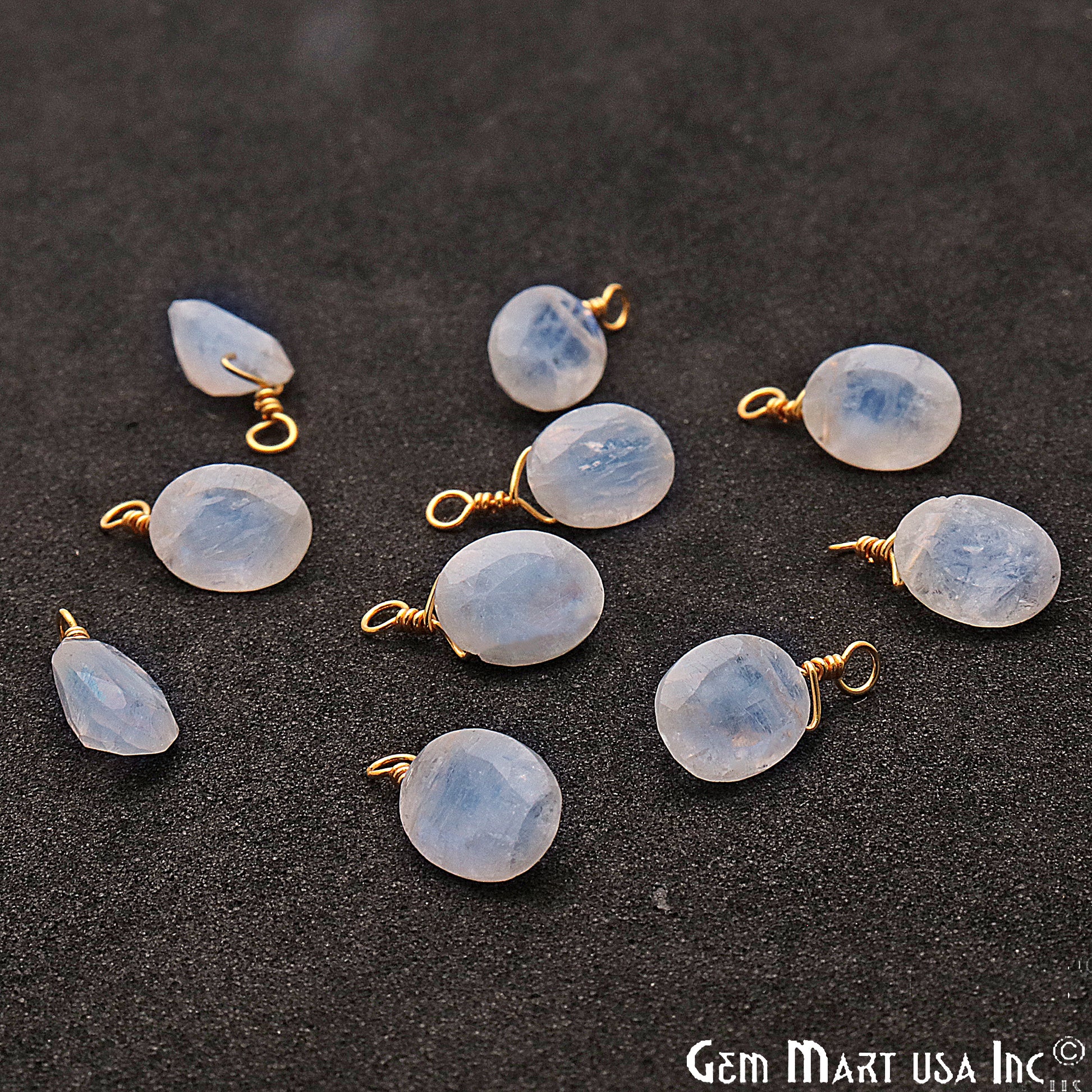 Rainbow Moonstone 7x9mm Oval Single Bail Gold Wire Wrapped Gemstone Connector - GemMartUSA