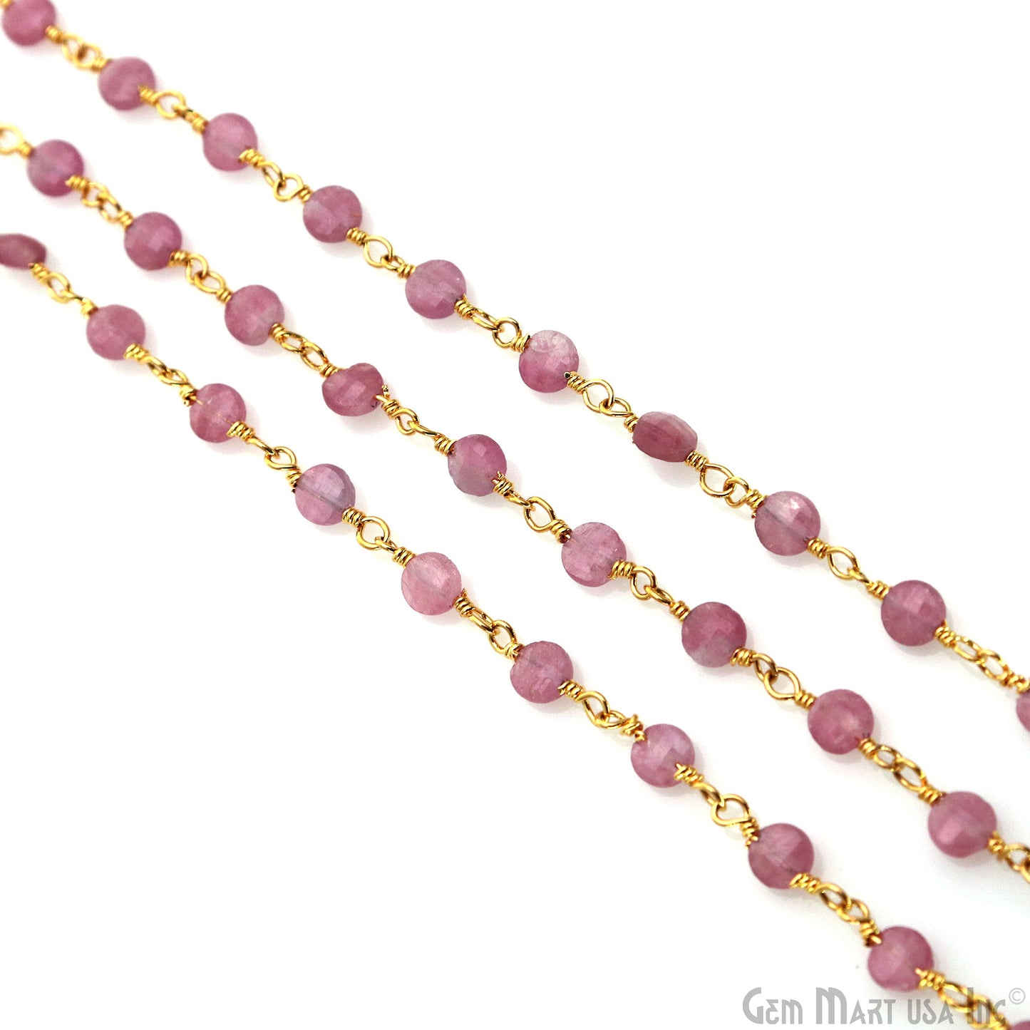 Pink Tourmaline Faceted Coin 3-4mm Gold Wire Wrapped Rosary Chain