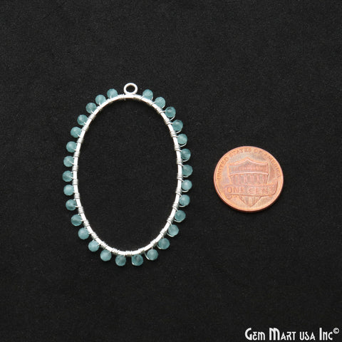 Aqua Chalcedony Oval Shape 52x35mm Silver Triple Wire Wrapped Beads Hoop Connector