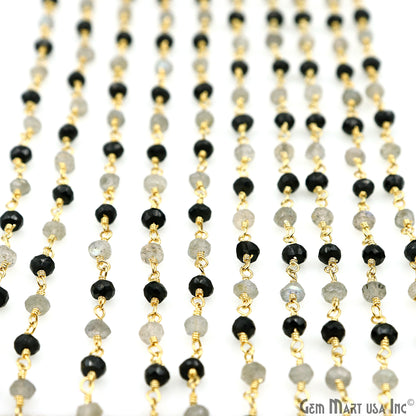 Black Spinel & Labradorite 3-3.5mm Gold Plated Faceted Beads Wire Wrapped Rosary Chain