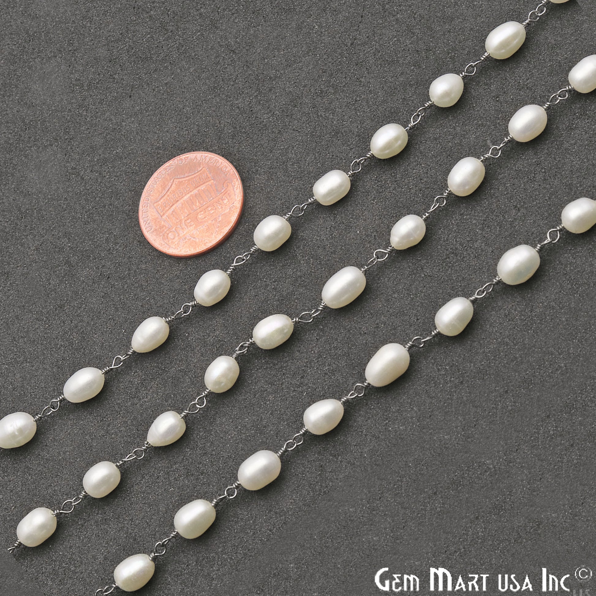 Pearl Oval 7x5mm Oxidized Wire Wrapped Gemstone Rosary Chain - GemMartUSA