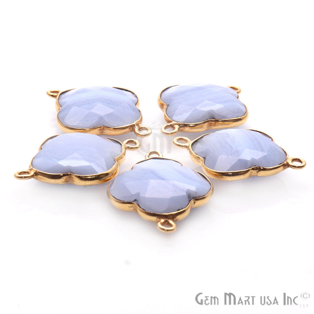 Blue Lace Agate Clover 24x17mm Gold Plated Double Bail Gemstone Connector - GemMartUSA