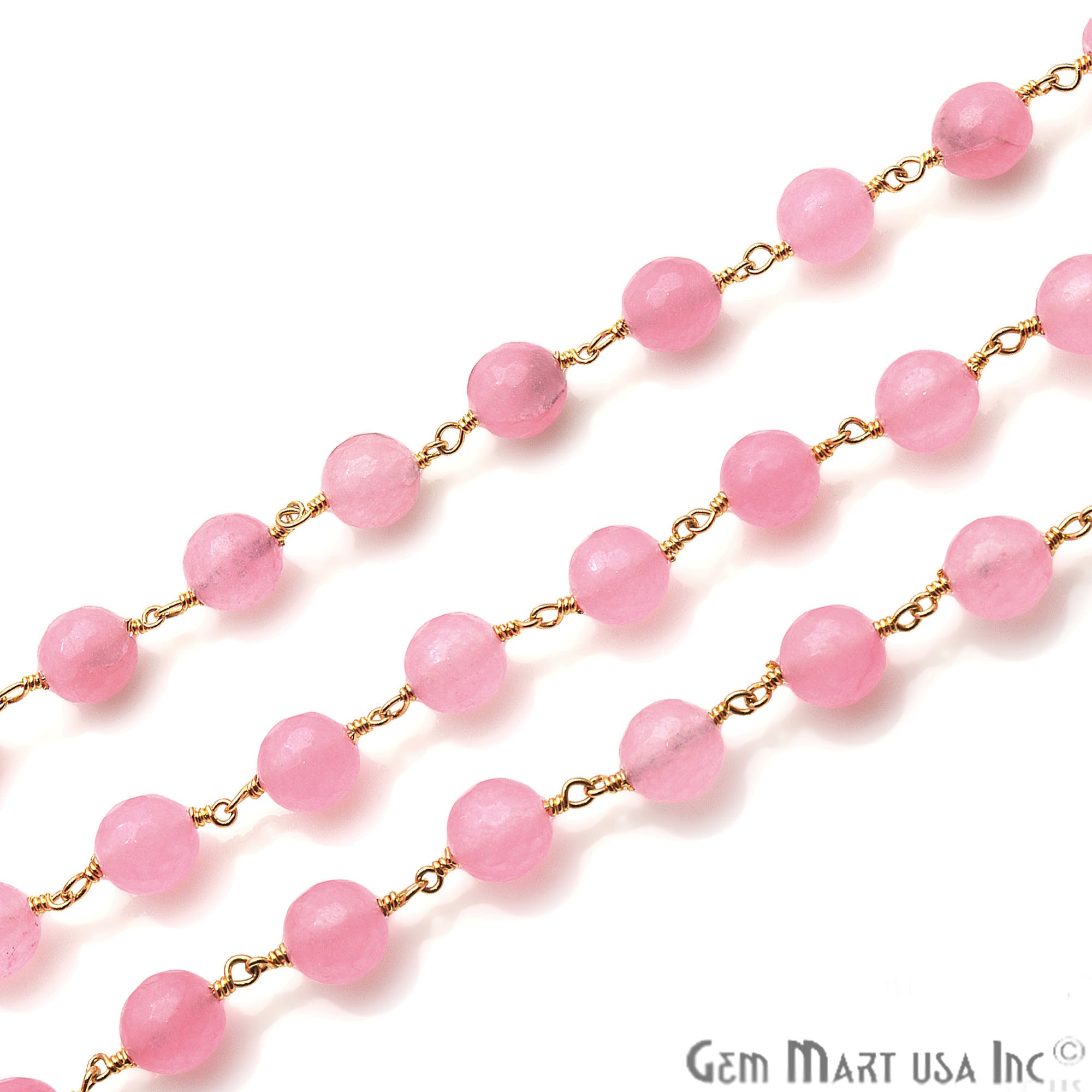 Hot Pink Jade 8mm Beads Gold Plated Wire Wrapped Rosary Chain - GemMartUSA (763726037039)