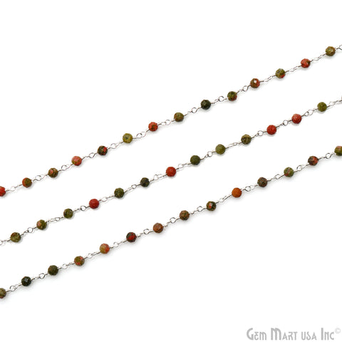 Unakite Faceted 3-3.5mm Silver Plated Beaded Wire Wrapped Rosary Chain