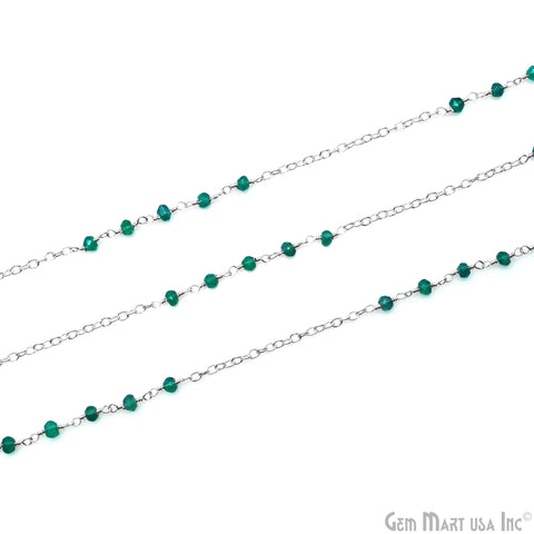 Green Onyx Faceted Gemstone Beaded Silver Plated Wire Wrapped Rosary Chain