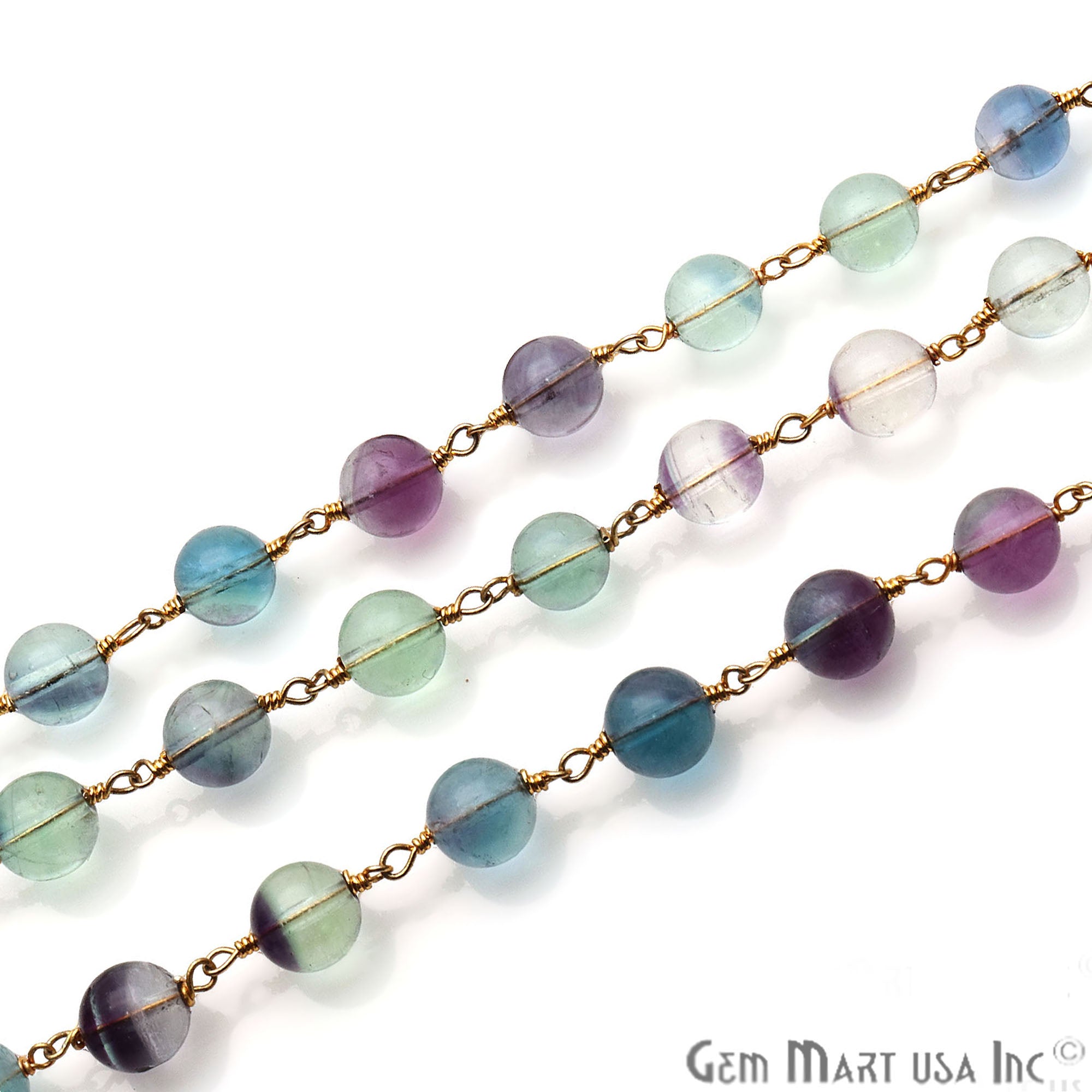 Fluorite 7-8mm Gold Plated Wire Wrapped Rondelle Rosary Chain - GemMartUSA