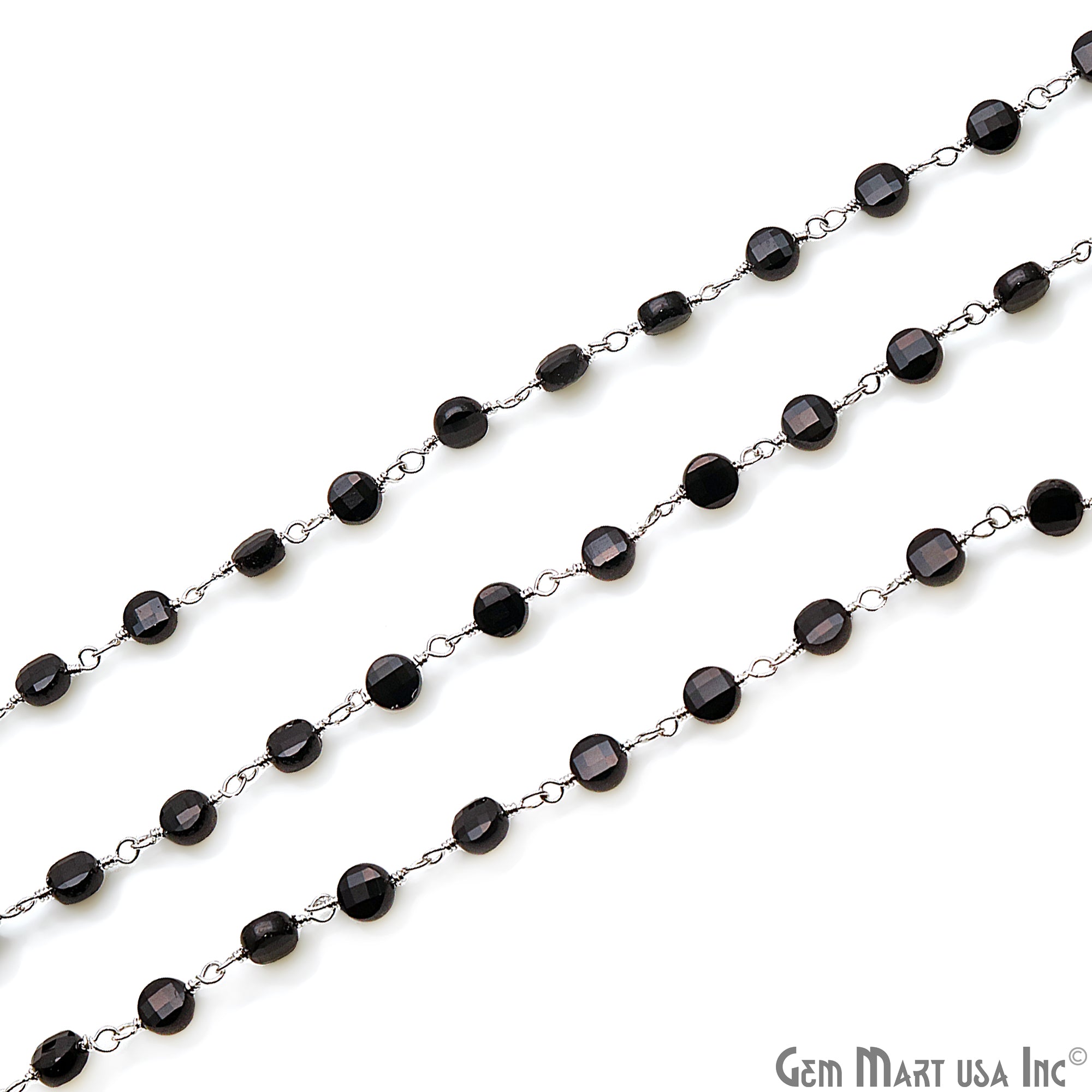 Black Spinel Faceted 3-4mm Silver Wire Wrapped Rosary Chain - GemMartUSA