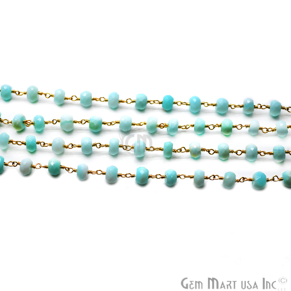 Blue Opal Rondelle Beads Gold Plated Wire Wrapped Rosary Chain - GemMartUSA (763909275695)