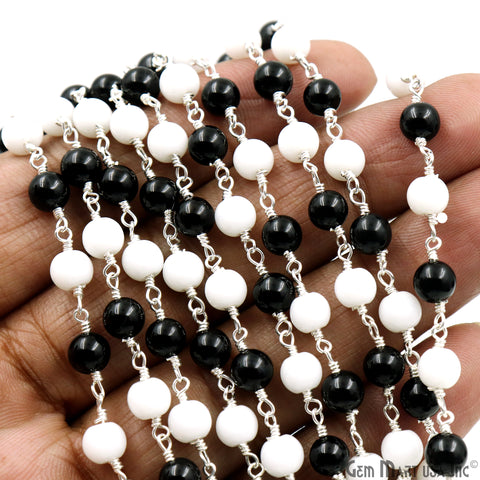 Black Spinel & White Agate 6mm Silver Plated Smooth Beads Wire Wrapped Rosary Chain