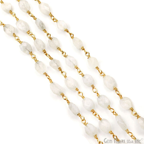 Rainbow Moonstone Faceted Beads 6x8mm Gold Wire Wrapped Rosary Chain