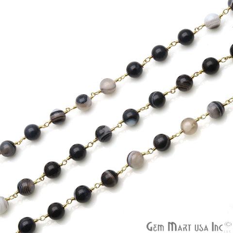 Black Onyx Smooth Beads Gold Plated Wire Wrapped Gemstone Rosary Chain - GemMartUSA