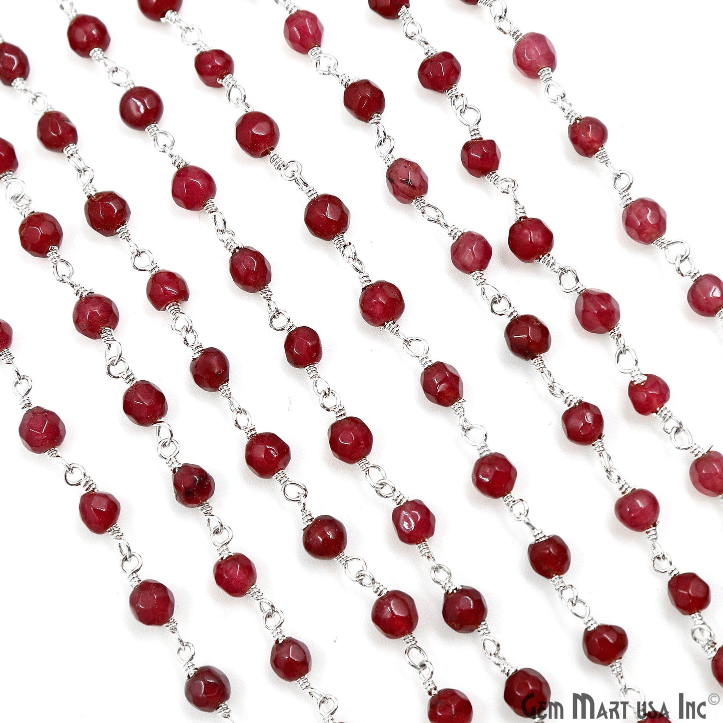 Dark Cherry Jade Beads 4mm Silver Plated Wire Wrapped Rosary Chain