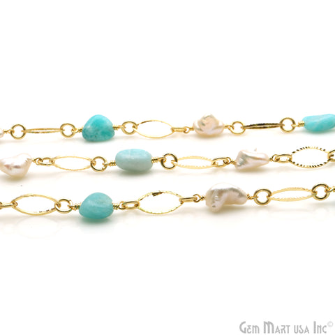 Amazonite & Pearl With Gold Marquise Finding Rosary Chain