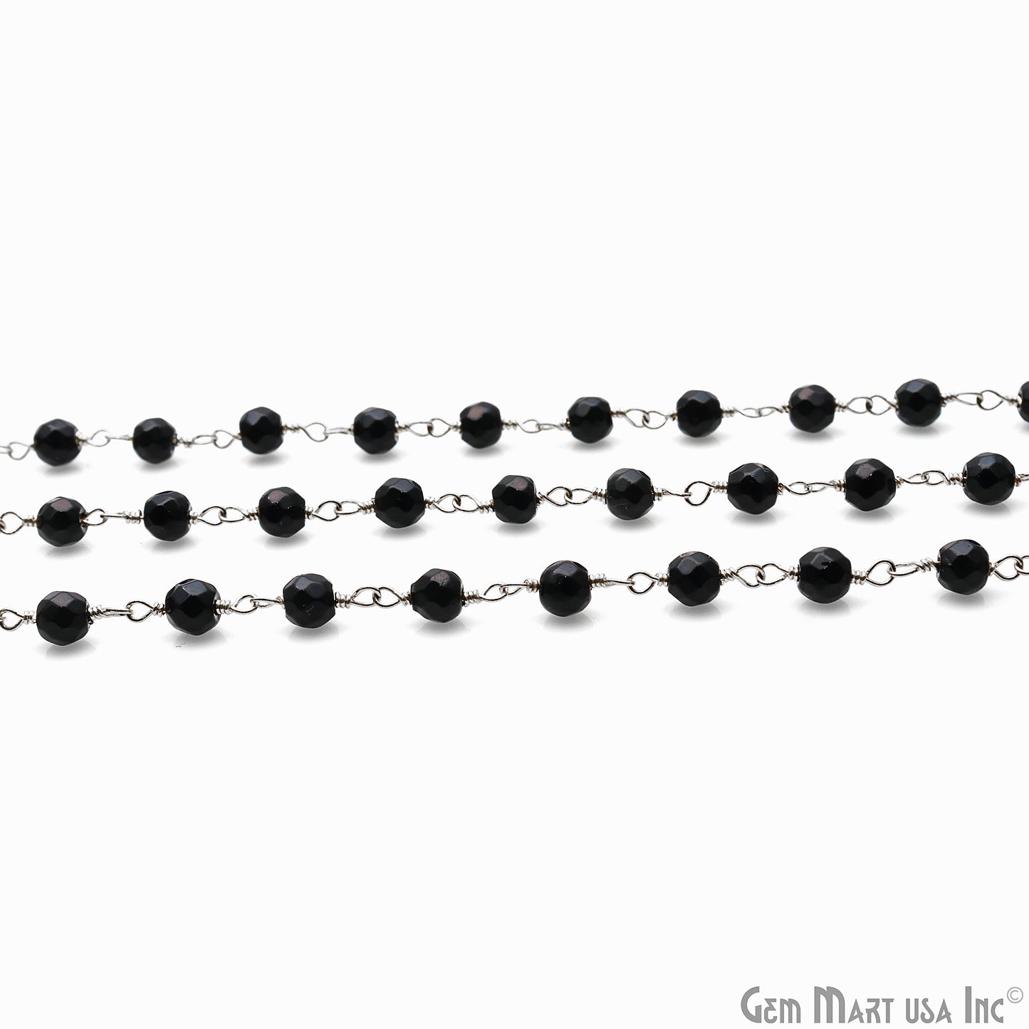 Black Spinel 4mm Round Faceted Beads Silver Plated Rosary Chain