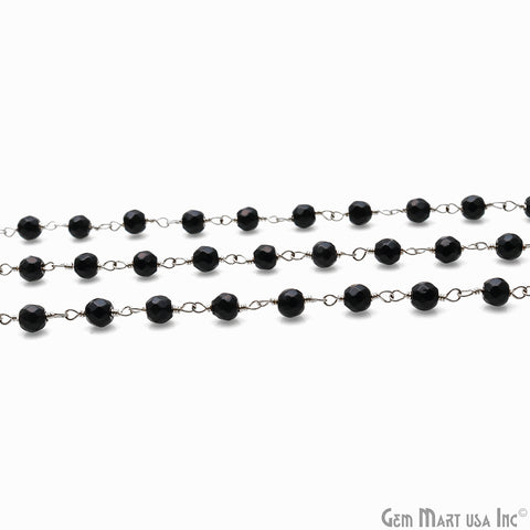 Black Spinel 4mm Round Faceted Beads Silver Plated Rosary Chain