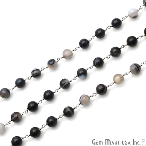 Black Onyx Smooth Beads Silver Plated Wire Wrapped Gemstone Rosary Chain - GemMartUSA