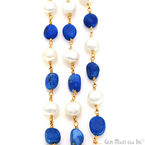 Lapis Tumble Beads 8x5mm & Pearl 7-8mm Beads Gold Plated Rosary Chain