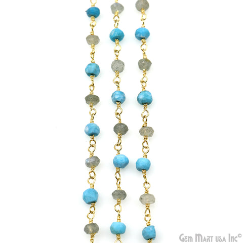 Turquoise & Labradorite 3-3.5mm Gold Plated Faceted Beads Wire Wrapped Rosary Chain