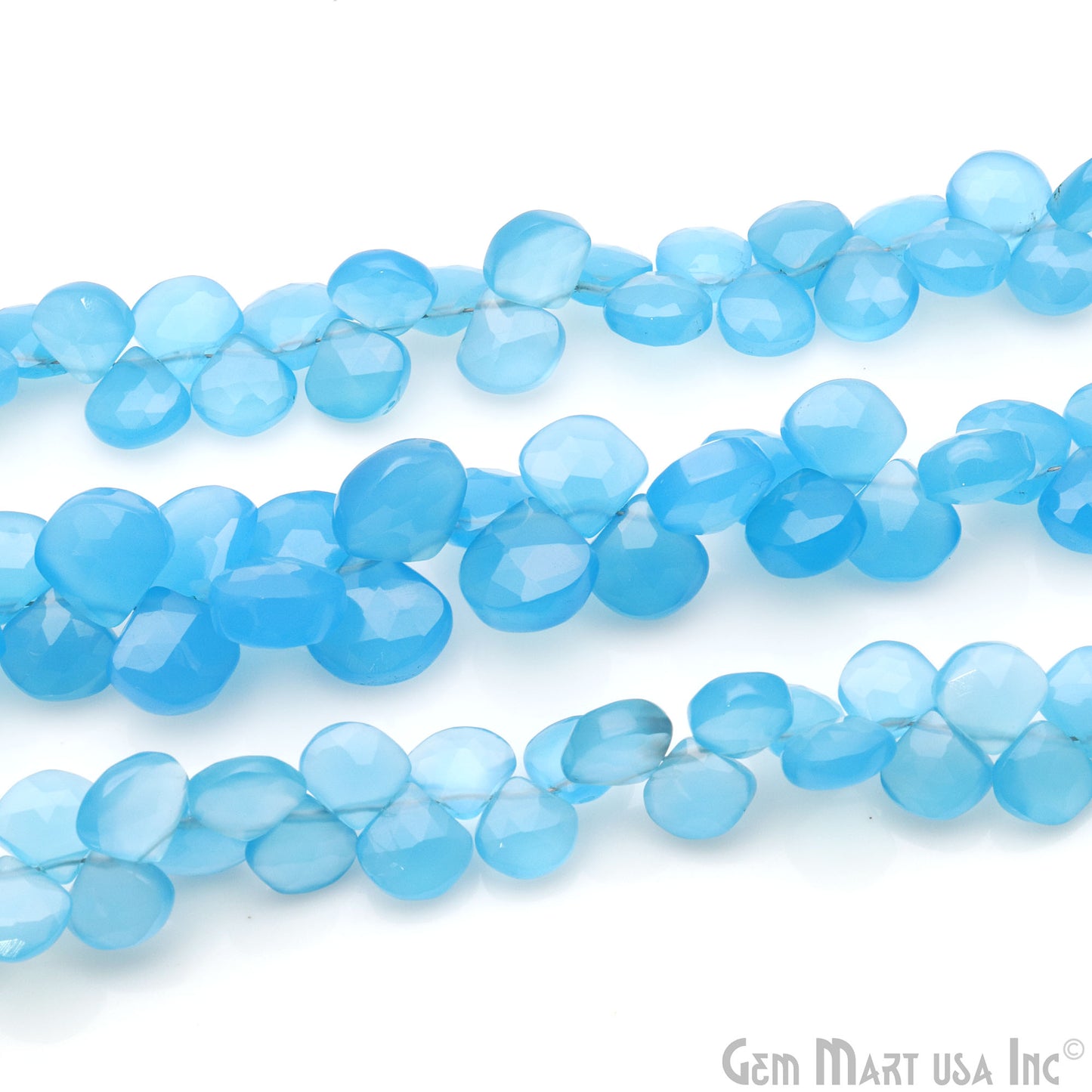 Sky Blue Chalcedony Heart Beads, 8 Inch Gemstone Strands, Drilled Strung Briolette Beads, Heart Shape, 7-10mm