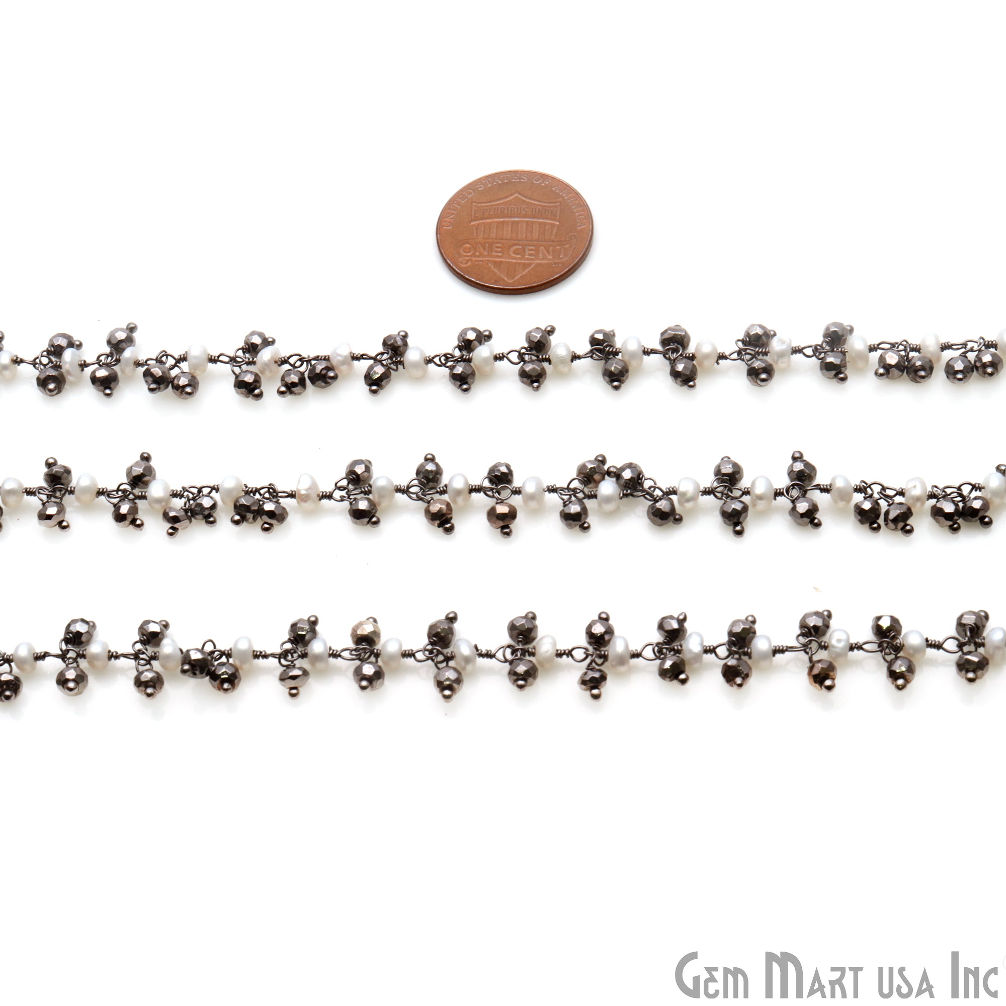 Pyrite With Pearl 2.5-3m Oxidized Wire Wrapped Cluster Rosary Chain - GemMartUSA