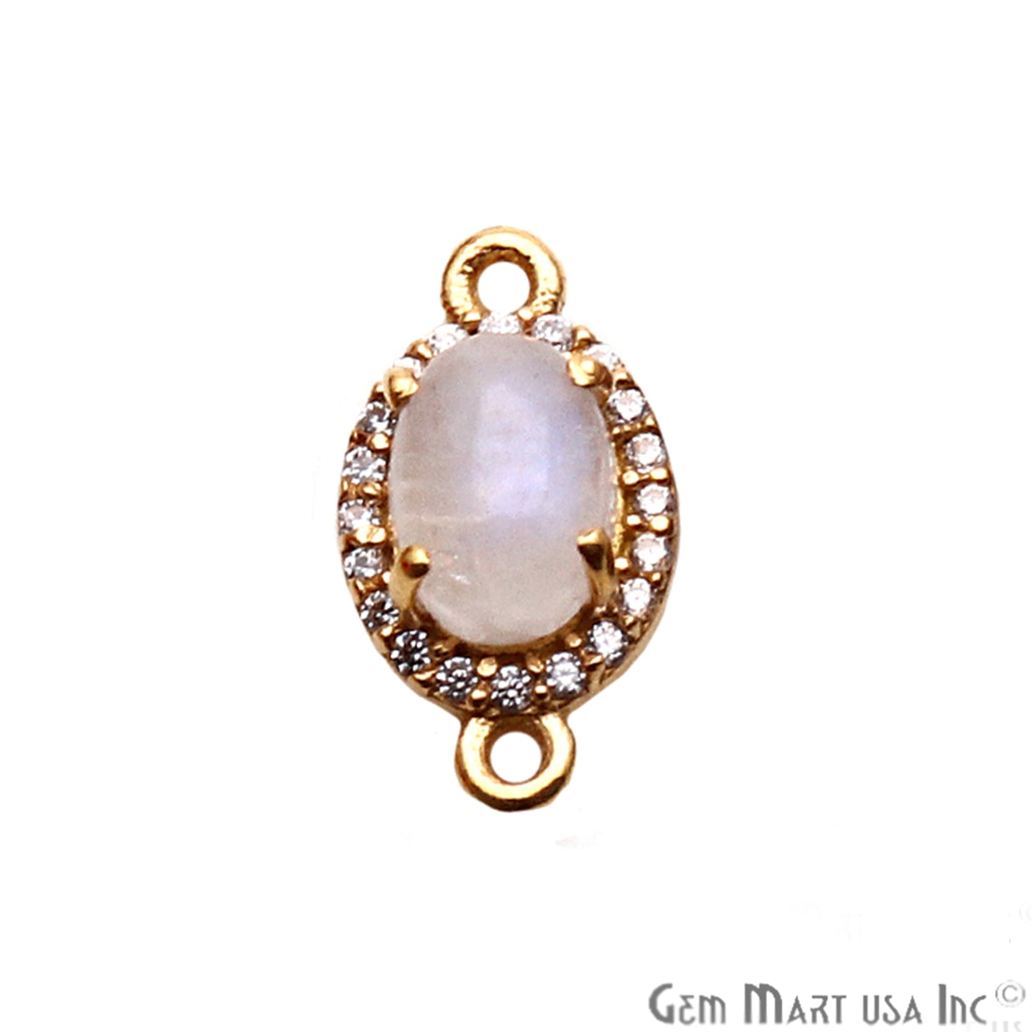 Rainbow Moonstone Cabochon & Cubic Zirconia 7x5mm Oval Gold Plated Double Bail Connector - GemMartUSA