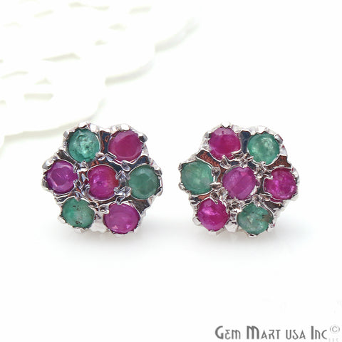 Emerald With Ruby 10mm Sterling Silver Round Shape Stud Earring - GemMartUSA
