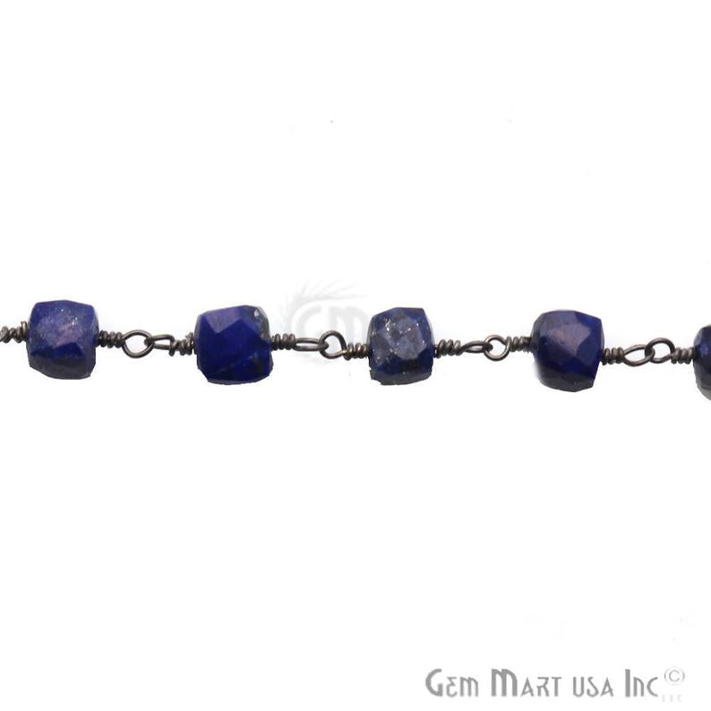 Lapis Cube Chain 6-7mm Oxidized Wire Wrapped Beads Rosary Chain