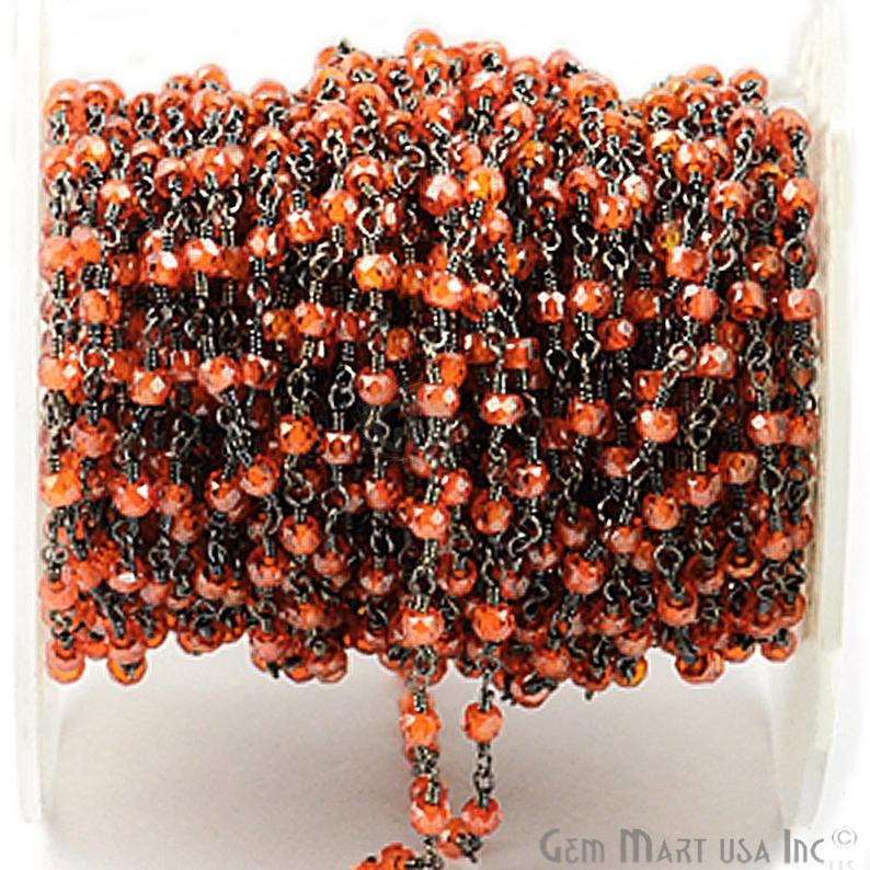 Orange Zircon 2.5-3mm Oxidized Wire Wrapped Rosary Chain (763001962543)