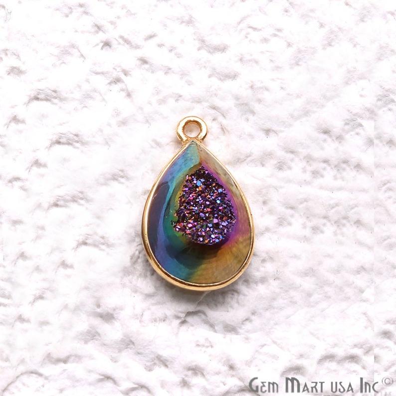 Window Druzy 10x14mm Pears Shape Bezel Cave Druzy Gemstone Connector (Pick Your Color, Bail, Plating)