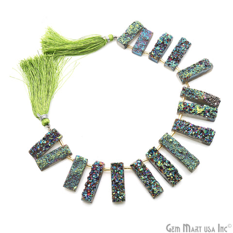 Green Druzy Rectangle Beads, 8 Inch Gemstone Strands, Drilled Strung Briolette Beads, Rectangle Shape, 25X8mm