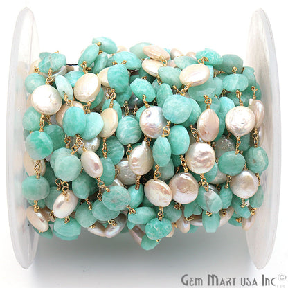 Amazonite & Pearl Round Rough Beads Gold Plated Rosary Chain - GemMartUSA