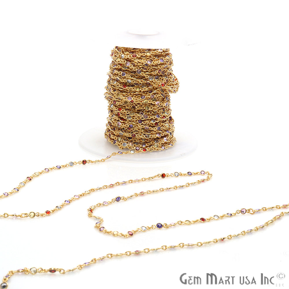 Multi Color Zircon 4mm Round Shape Gold Plated Continuous Connector Chain - GemMartUSA