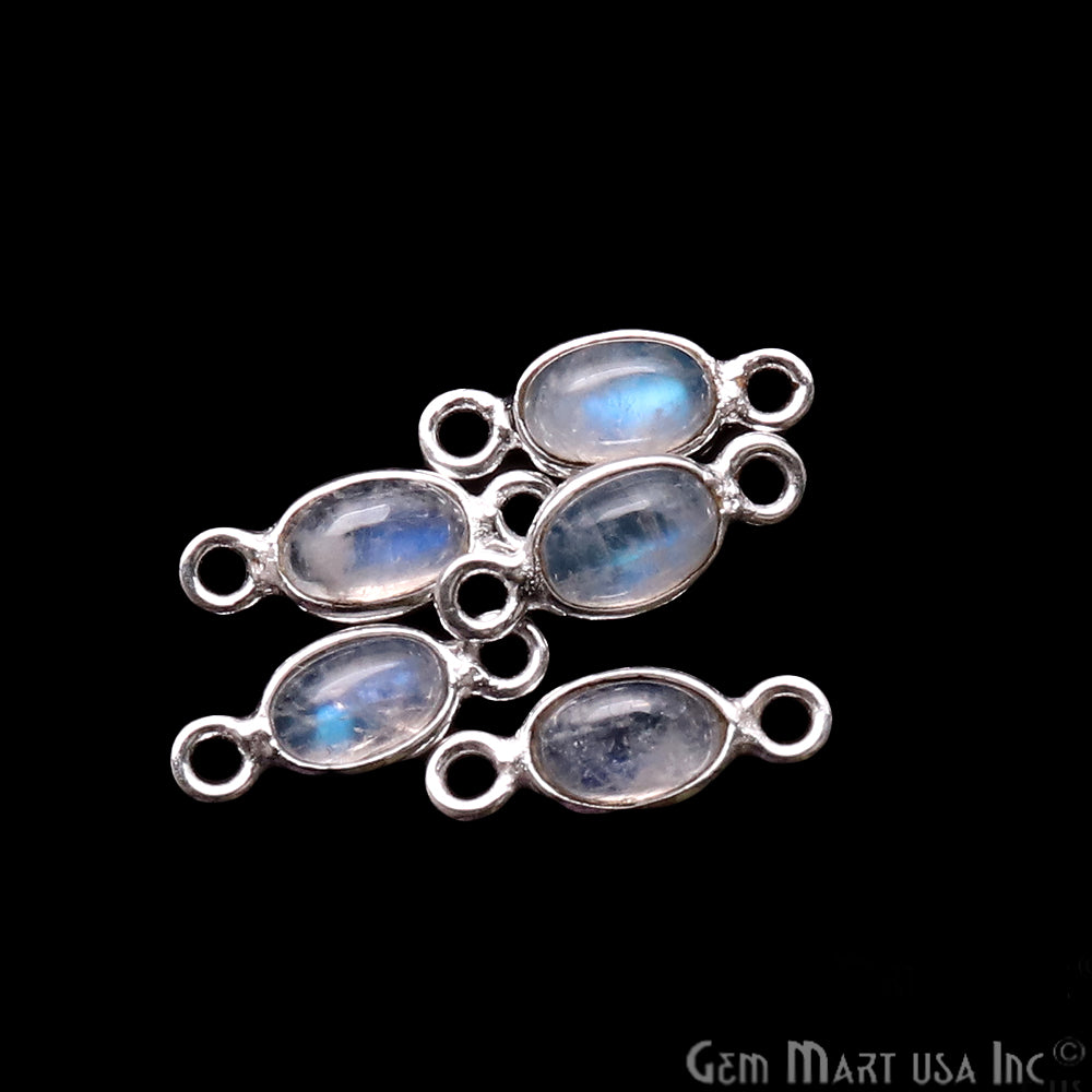 Rainbow Moonstone Cabochon 6x4mm Oval Shape Silver Plated Double Bail Gemstone Connector - GemMartUSA