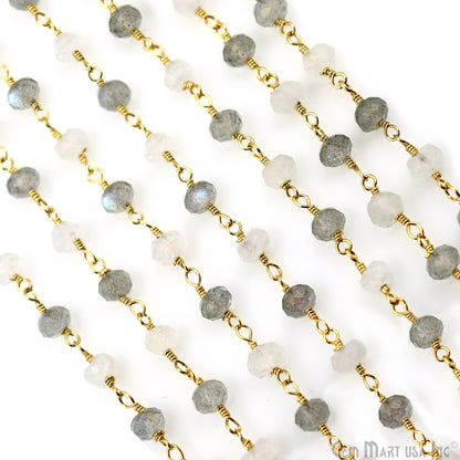 Labradorite & Rainbow Faceted Beads 4mm Gold Wire Wrapped Rosary Chain