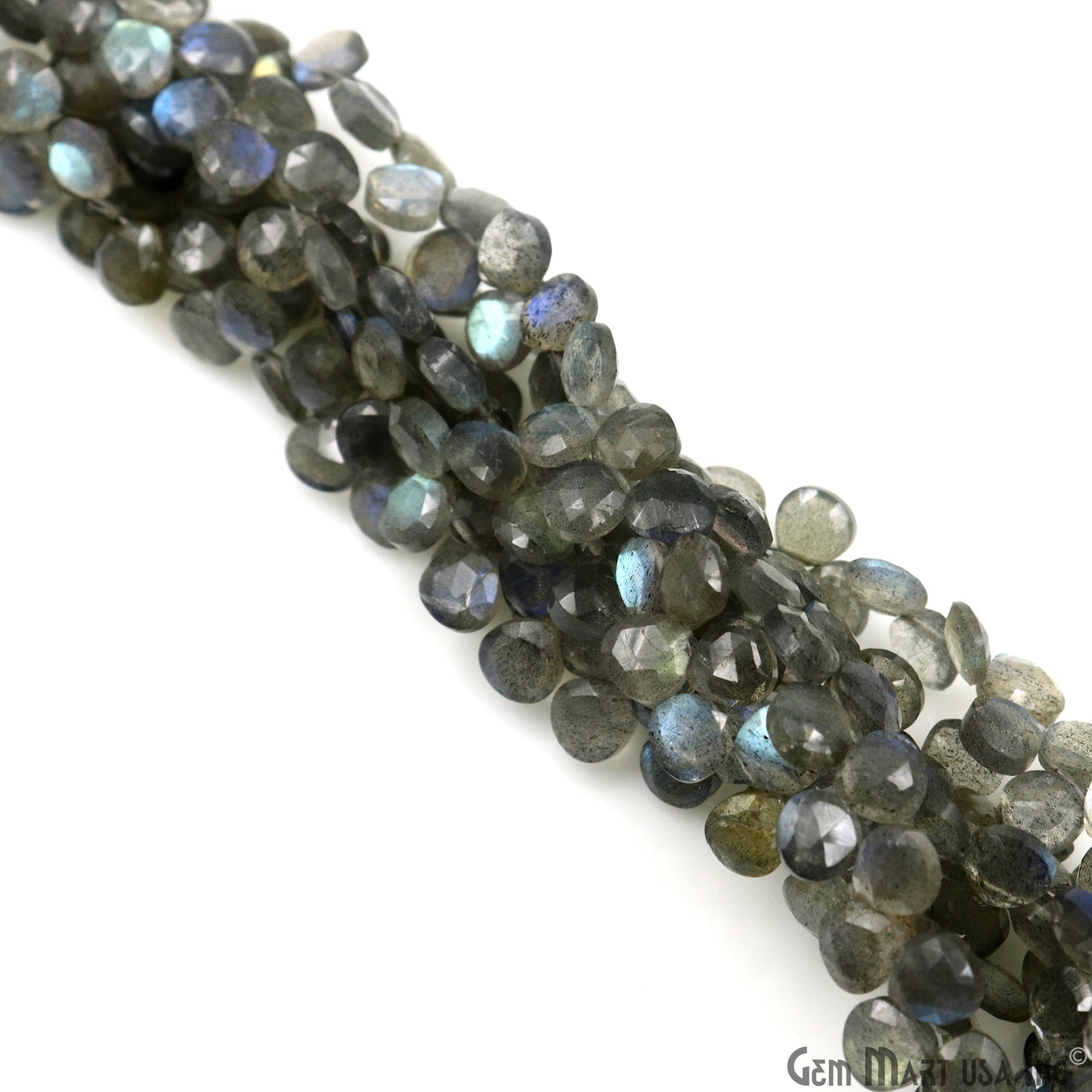 Labradorite Heart Beads, 8 Inch Gemstone Strands, Drilled Strung Briolette Beads, Heart Shape, 6mm