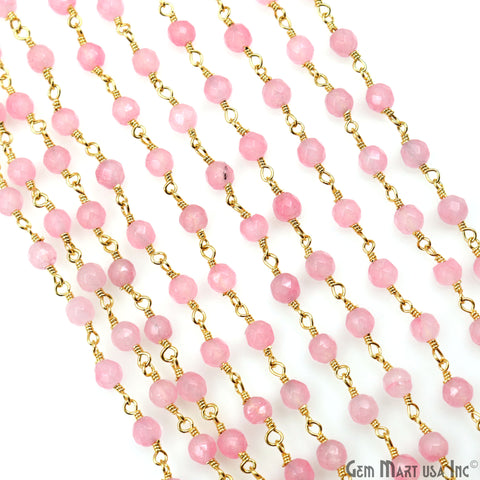 Light Pink Jade Beads 4mm Gold Plated Wire Wrapped Rosary Chain